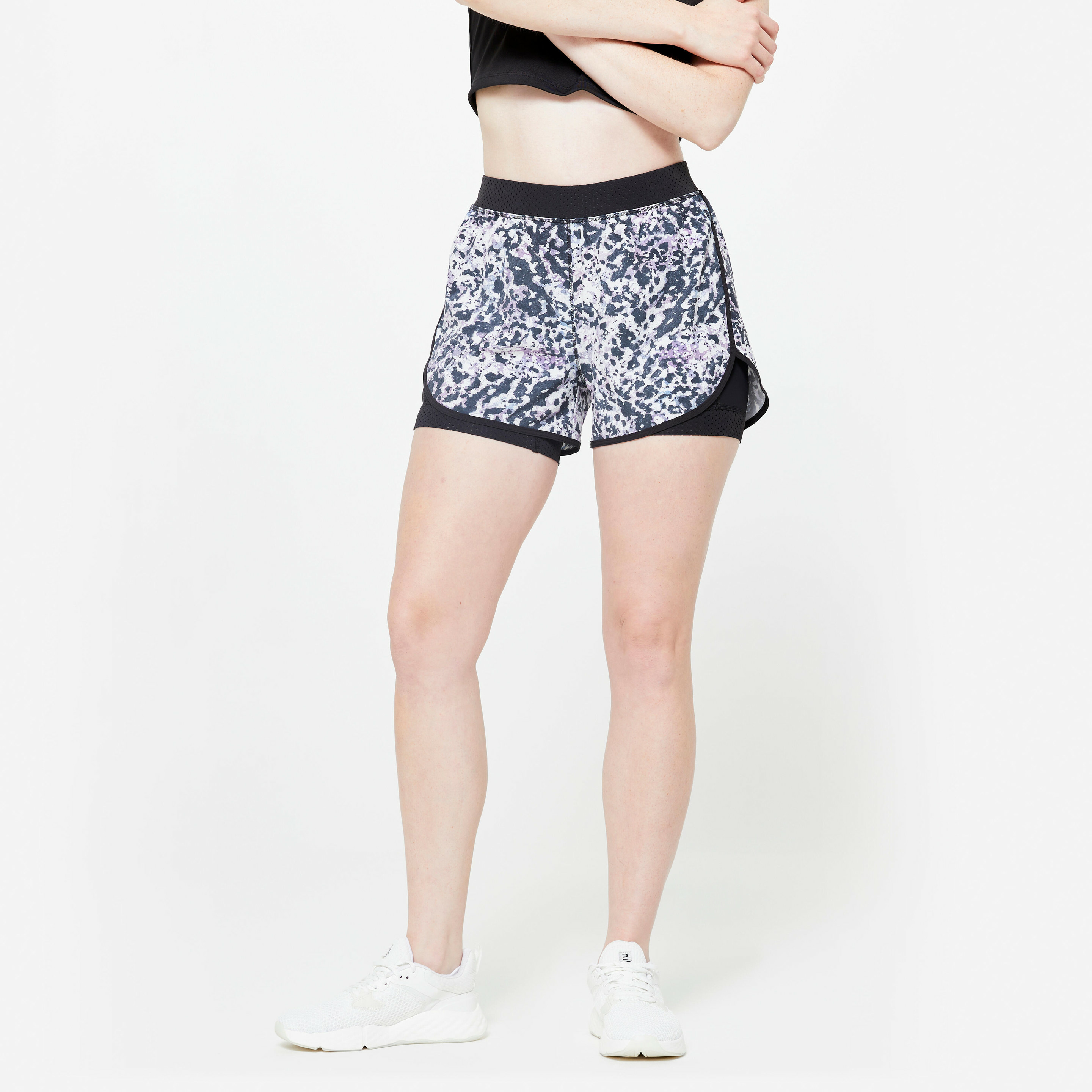 Short de fitness double couche femme, imprimé violet