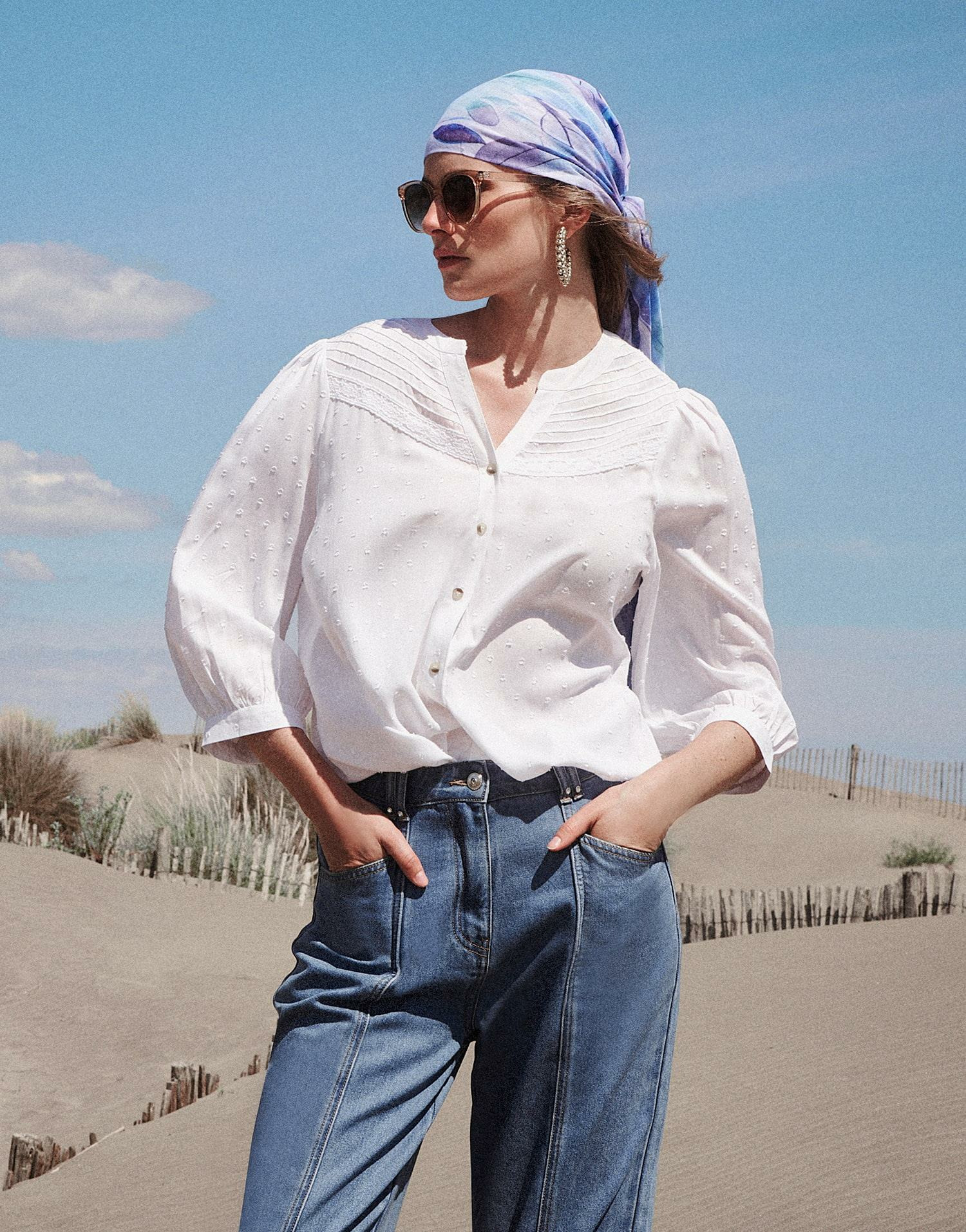 Blouse manches 3/4 unie BLANC Femme