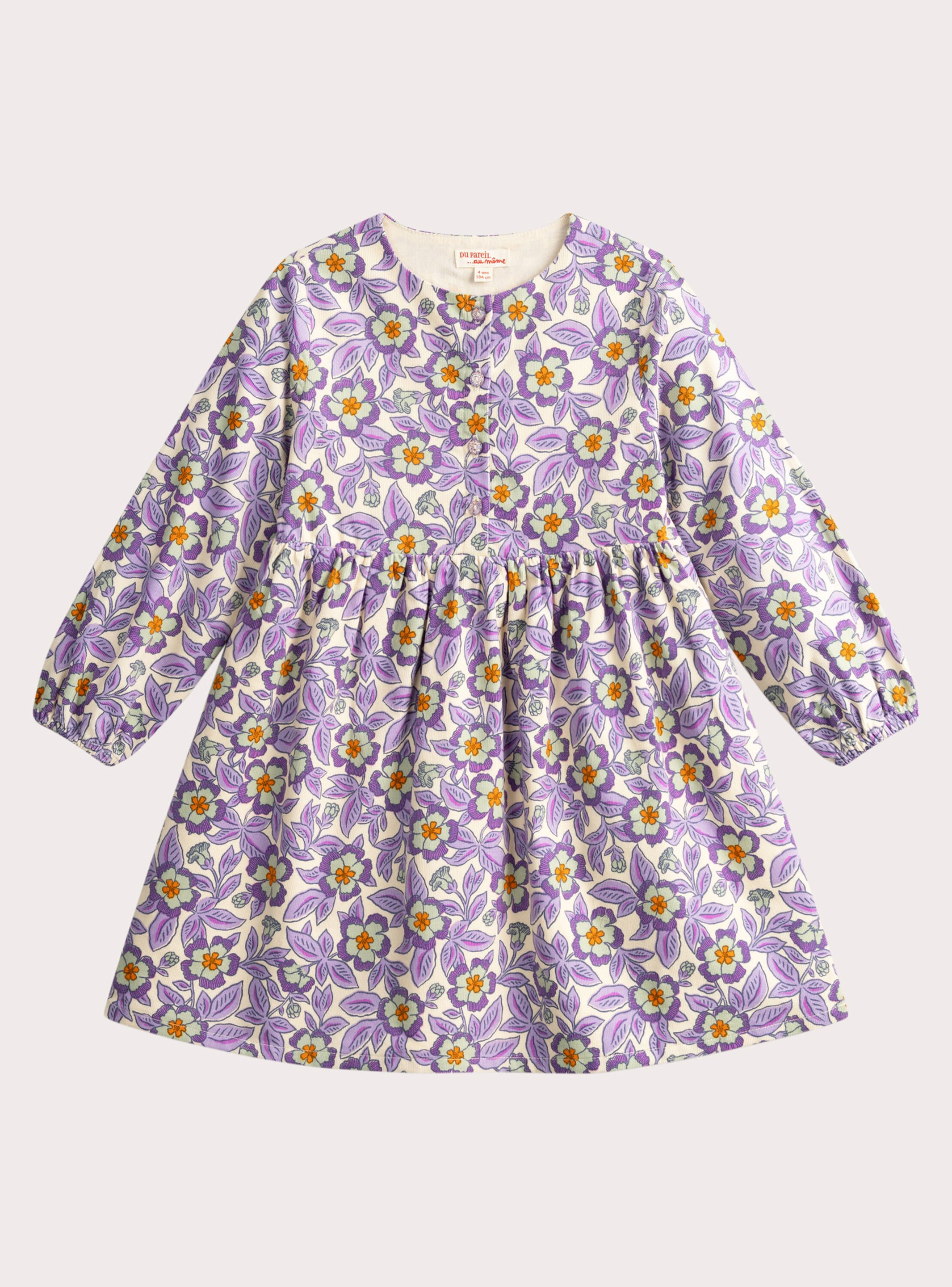 Robe en velours côtelé imprimé violet fleuri pour fille