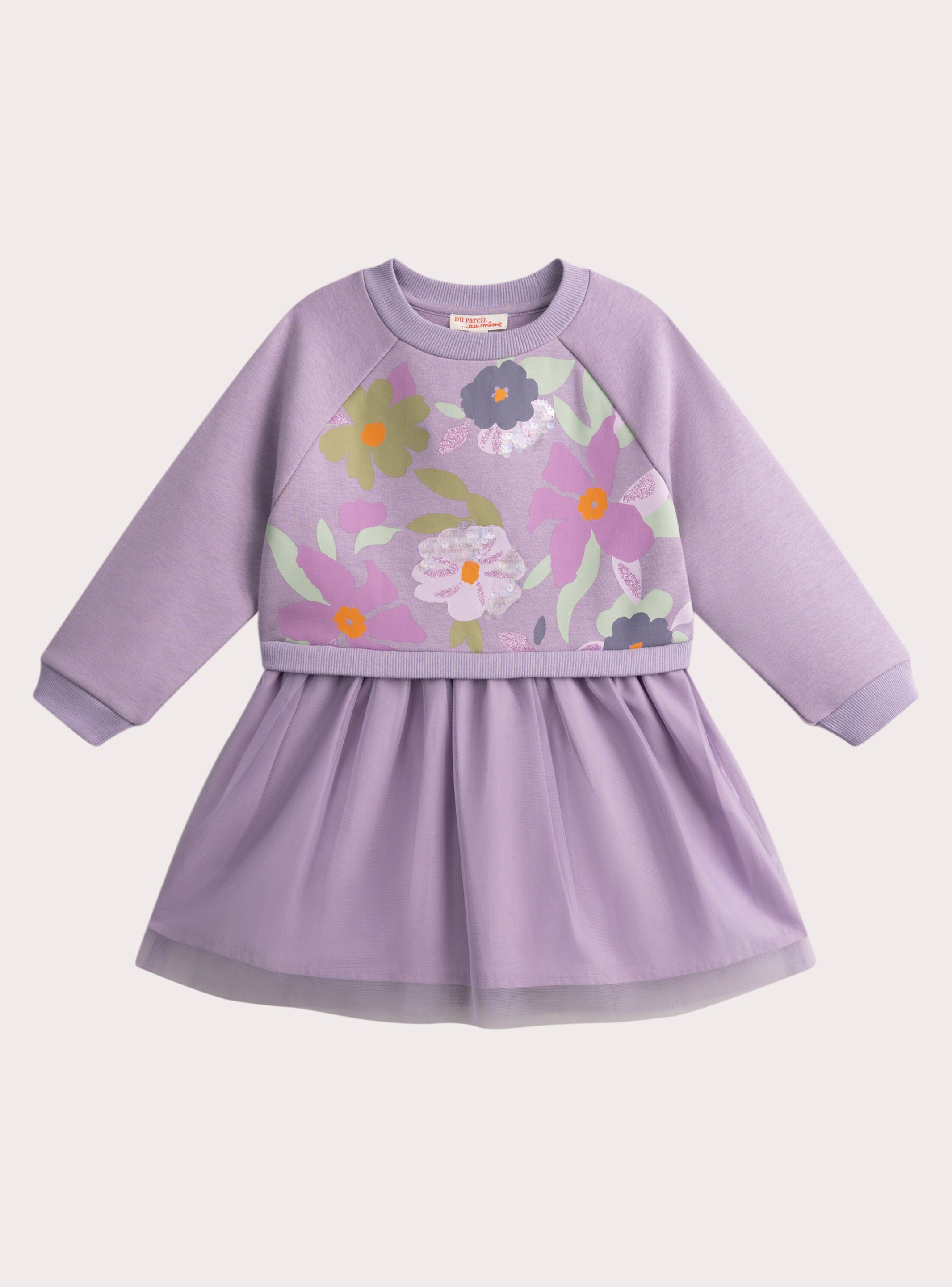 Robe sweat avec tulle animation fleur voilet pour fille