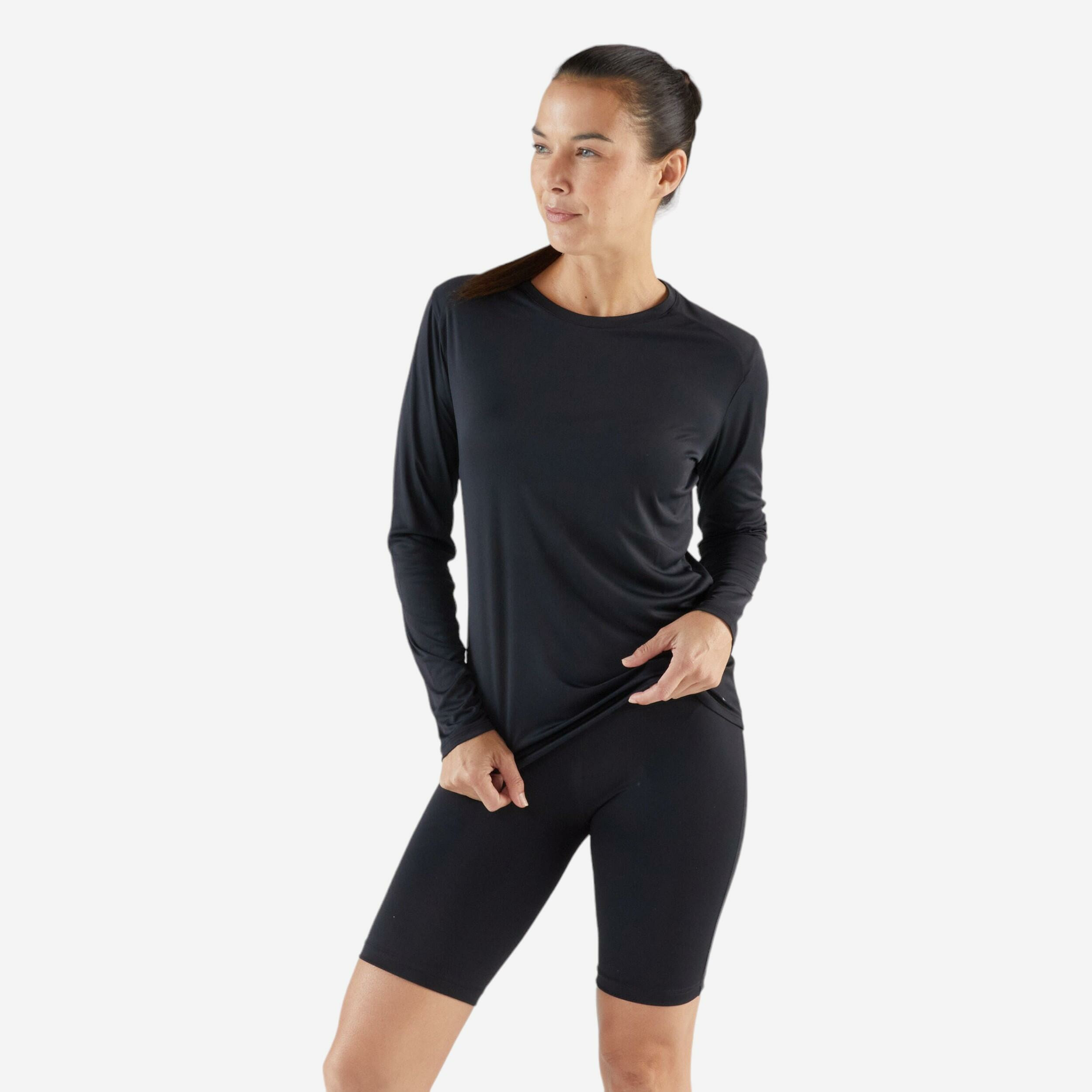 T-shirt manches longues running femme sun protect noir Decathlon