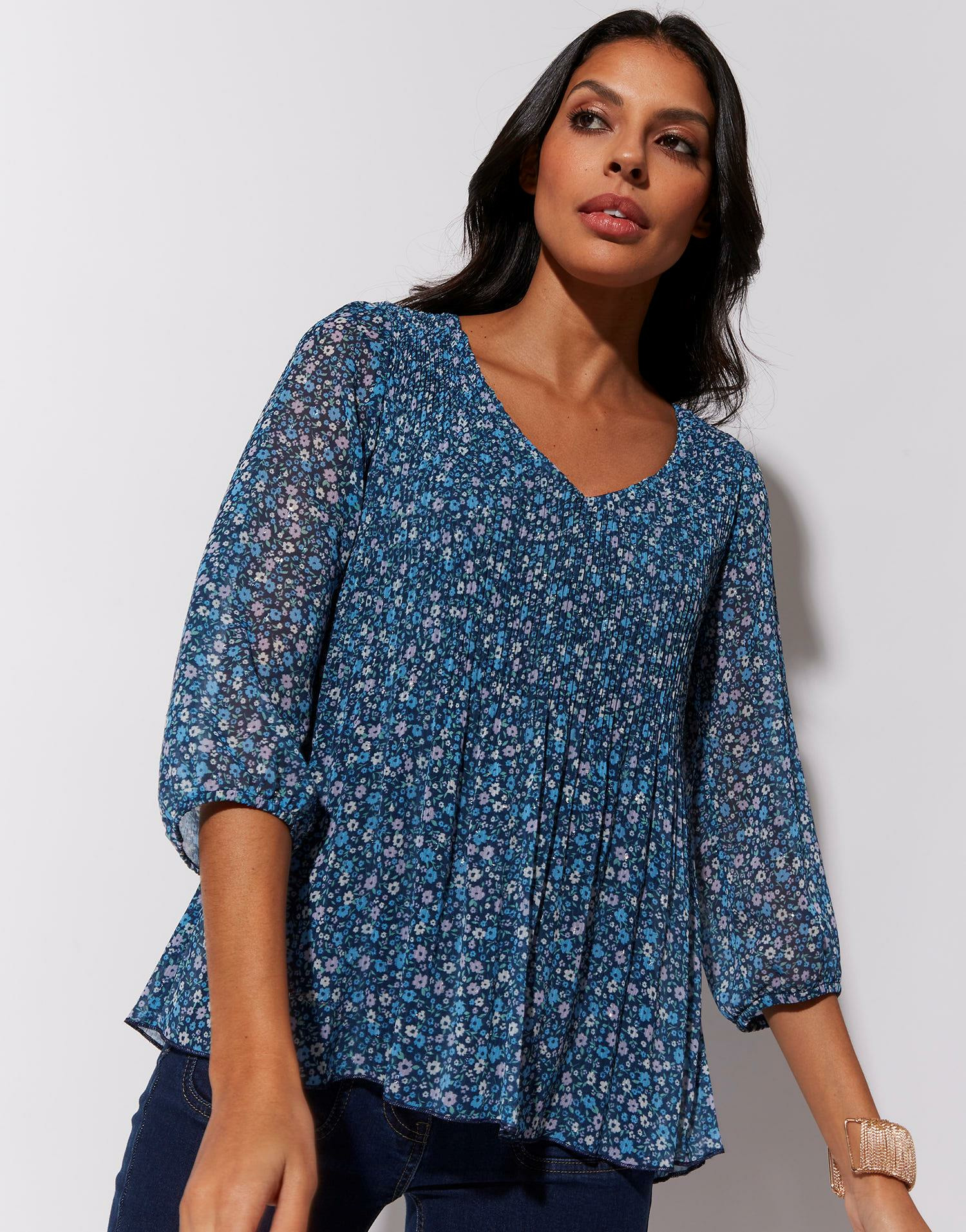 Blouse manches 3/4 imprimé à fleurs BLEU Femme