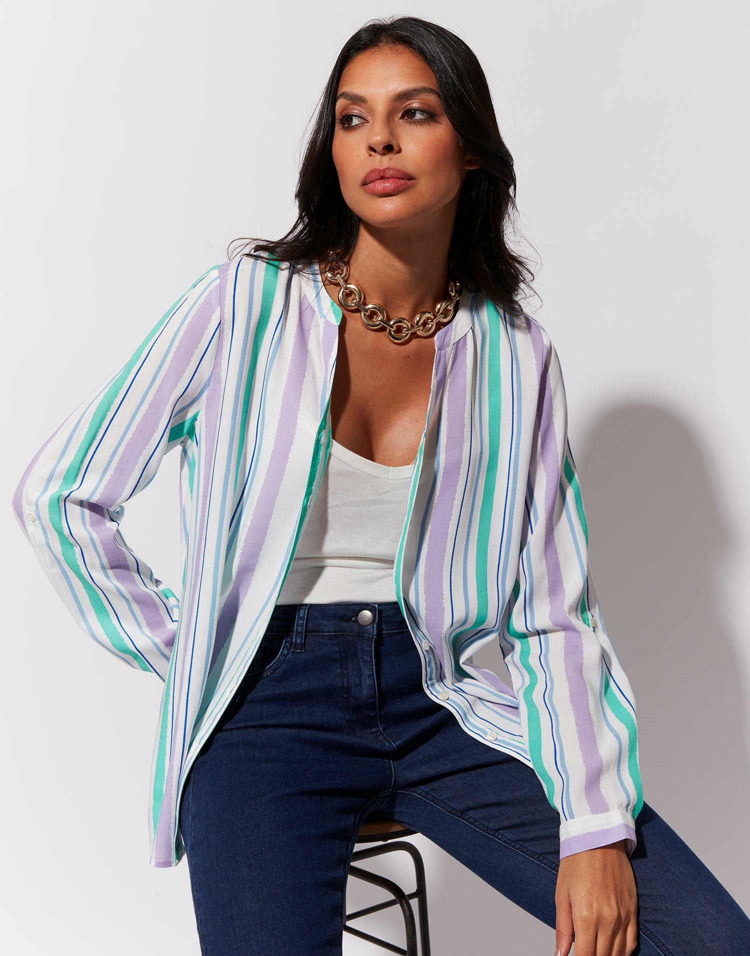 Blouse manches longues à fines rayures BLANC Femme
