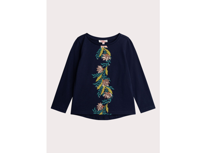 T-shirt marine fleurs en sequins rose pour fille
