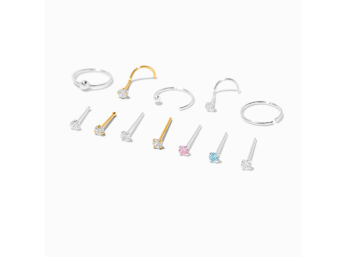 Anneaux et clous de nez variés 0,6 mm en zircon cubique couleur argentée - Lot de 12