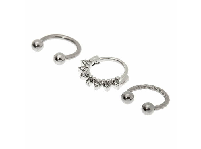 Anneaux de piercing cartilage strass torsadés couleur argenté - Lot de 3