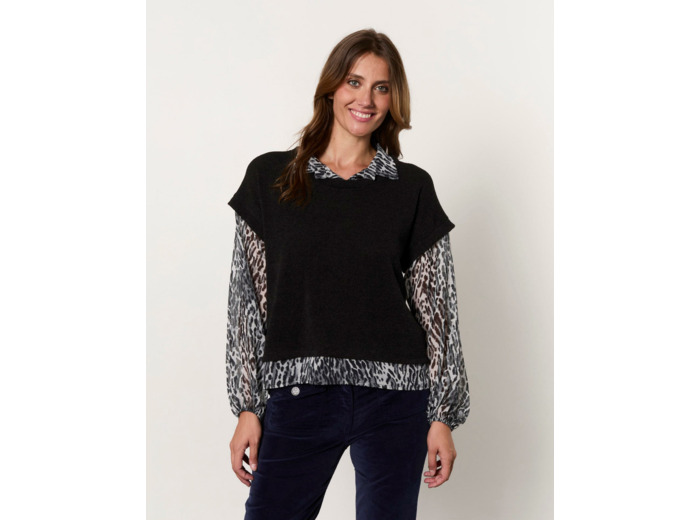 Top manches longues bi-matière uni décoré NOIR Femme