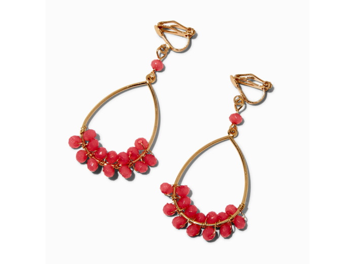 Pendantes 4 cm à clip anneaux couleur dorée perlés roses