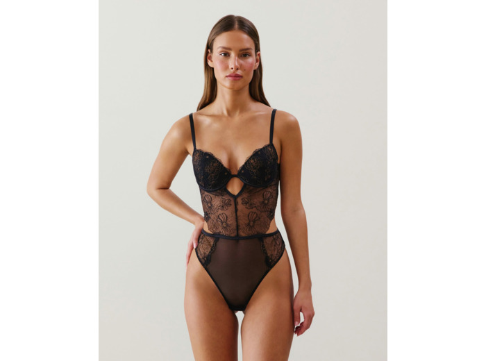 Body push-up en mesh brodé fleuri noir
