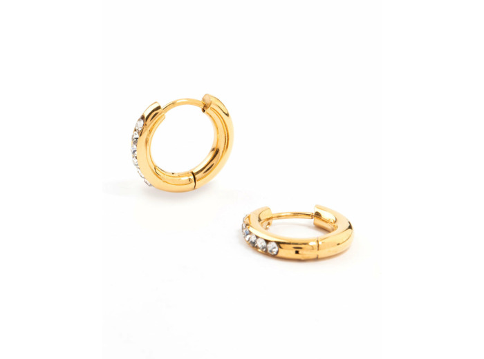 Waterproof Gold Plated Stainless Steel Round Diamante Clicker Hoop Earrings