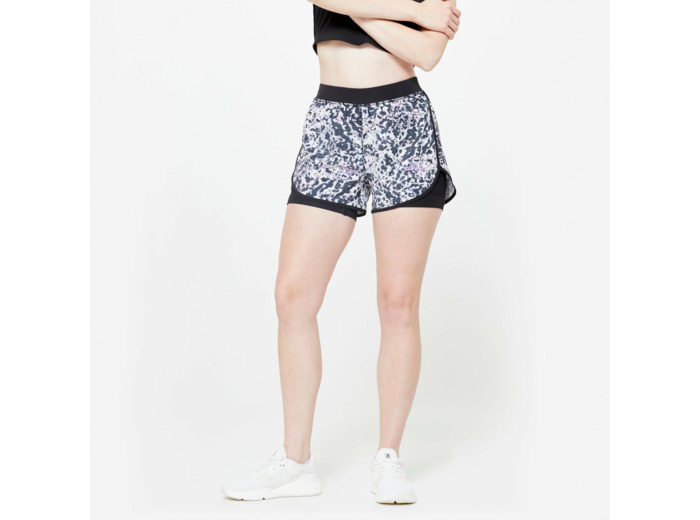 Short de fitness double couche femme, imprimé violet