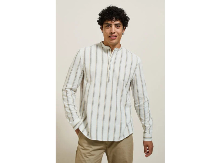 Chemise en coton col mao rayée - Beige