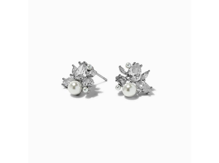 Clous d'oreilles grappe en zircon cubique et perle d'imitation couleur argentée