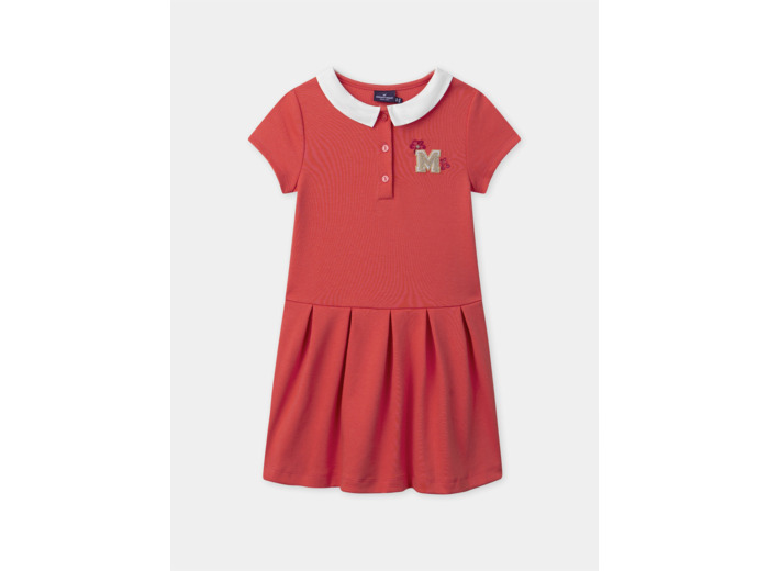 Robe mi-plissée rouge corail avec patch floral Fille
