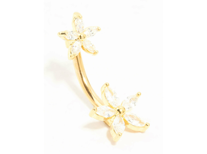 Gold Plated Titanium Double Diamante Daisy Belly Bar