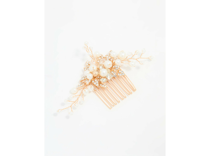 Rose Gold Diamante & Pearl Leaf Hair Comb
