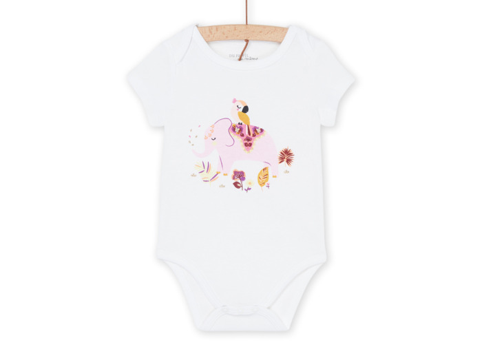 Body blanc à motifs éléphant, oiseau et fleurs