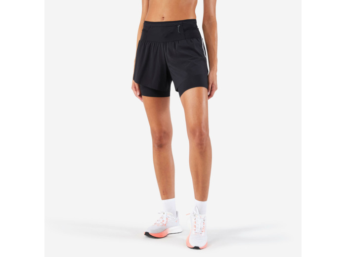 Short 2 en 1 running & trail longue distance femme - kiprun run 900 ultra noir