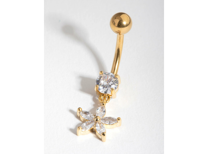 Gold Cubic Zirconia Flower Drop Belly Ring