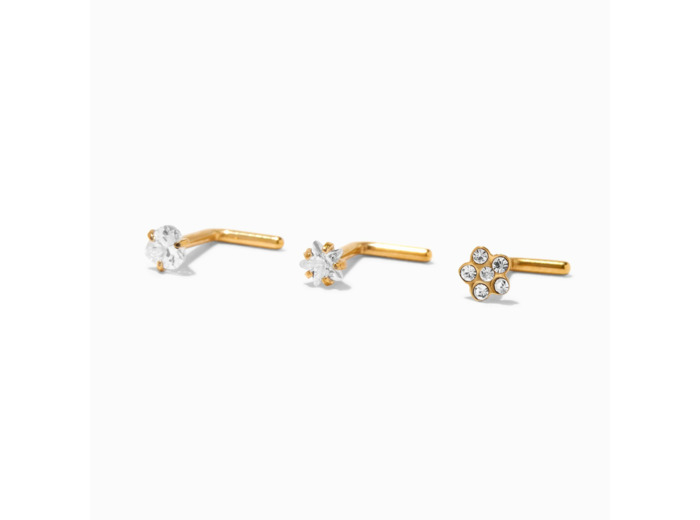 Piercings de nez étoile, cœur et fleur 1,0 mm en titane couleur dorée - Lot de 3