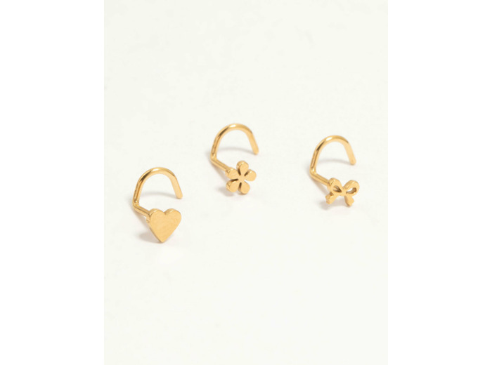 Gold Plated Surgical Steel Bow, Heart & Flower Nose Stud 3-Pack