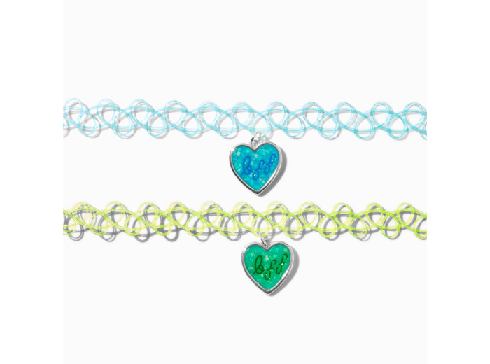 Ras-de-cou effet tatouage pendentif cœur « BFF » phosphorescents best friends - Lot de 2
