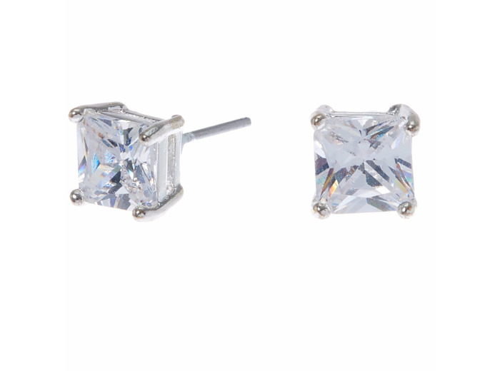 Clous d'oreilles carrés avec strass en zircon cubique d'imitation couleur argentée - 6 mm