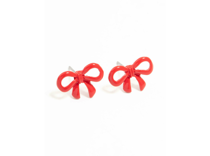 Red Coated Metal Ribbon Bow Stud Earrings