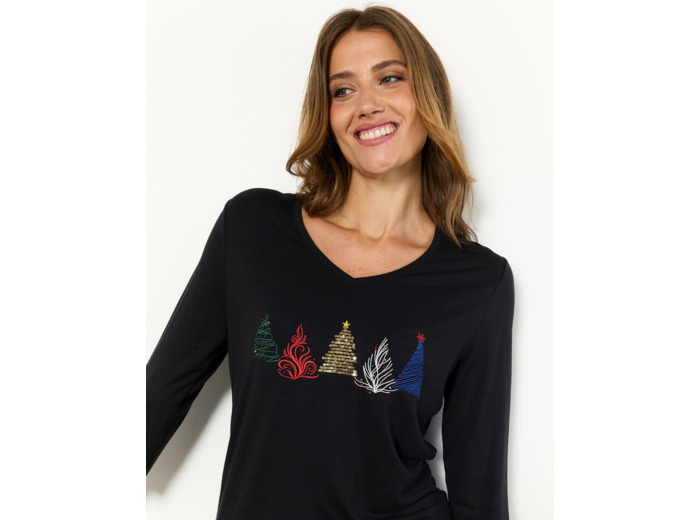 T-Shirt manches 3/4 uni décoré NOIR Femme