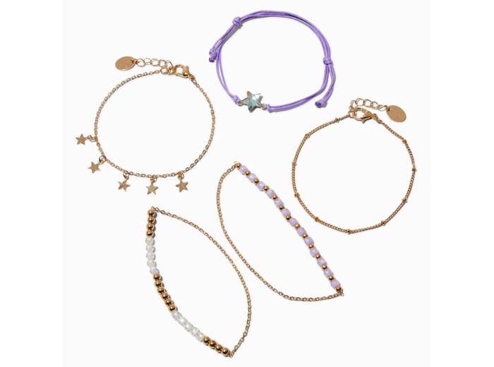 Bracelets tressés violets et perlés célestes couleur dorée - Lot de 5