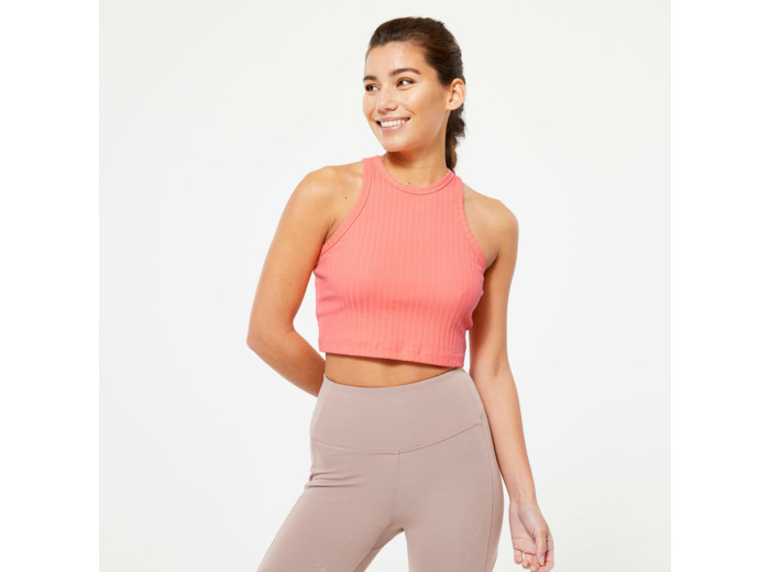 Débardeur CROP TOP Fitness Femme - 520 côtelé corail pastel