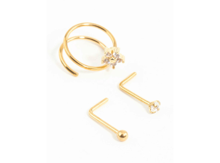 Gold Plated Surgical Steel Mini Cubic Zirconia Flower Nose Stud & Ring 3-Pack