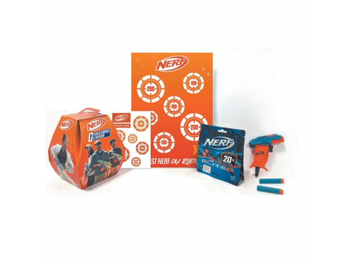 Boite Surprise Nerf avec un blaster, des fléchettes, stickers et poster