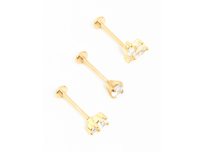 Gold Plated Surgical Steel Double Cubic Zirconia Flat Backs 3-Pack