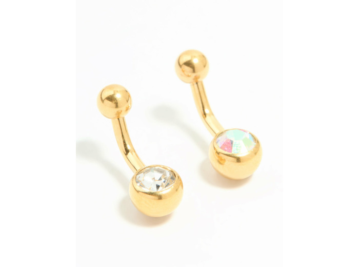 Gold Plated Titanium Cubic Zirconia Simple Belly Bars 2-Pack
