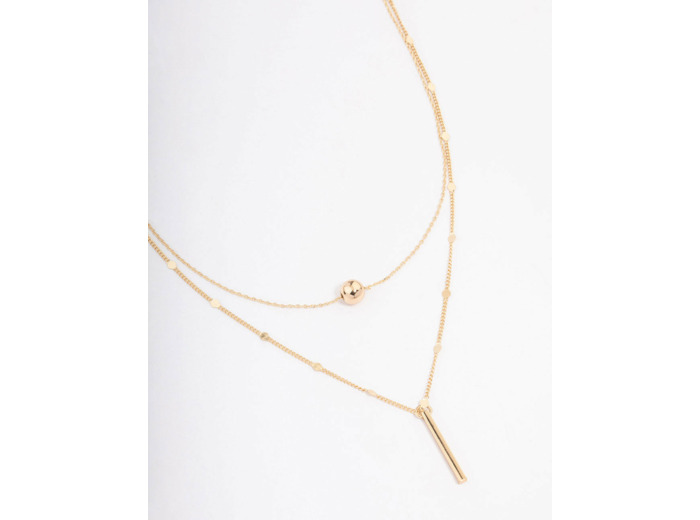 Gold Bar & Ball Double Chain Short Necklace