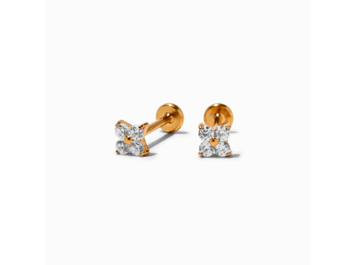 Clous d’oreilles à arrière plat fleur zircon cubique en titane couleur dorée C LUXE by Claire’s