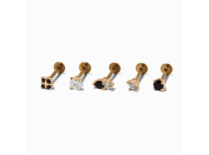 Clous pour piercing de cartilage non filetés 1,0 mm zircon cubique acier inoxydable couleur dorée - Lot de 5