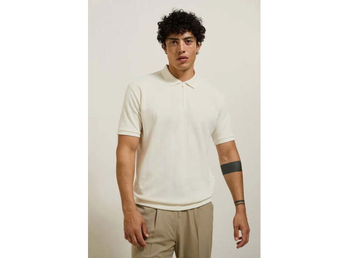 Polo manches courtes texturé col zippé - Ecru