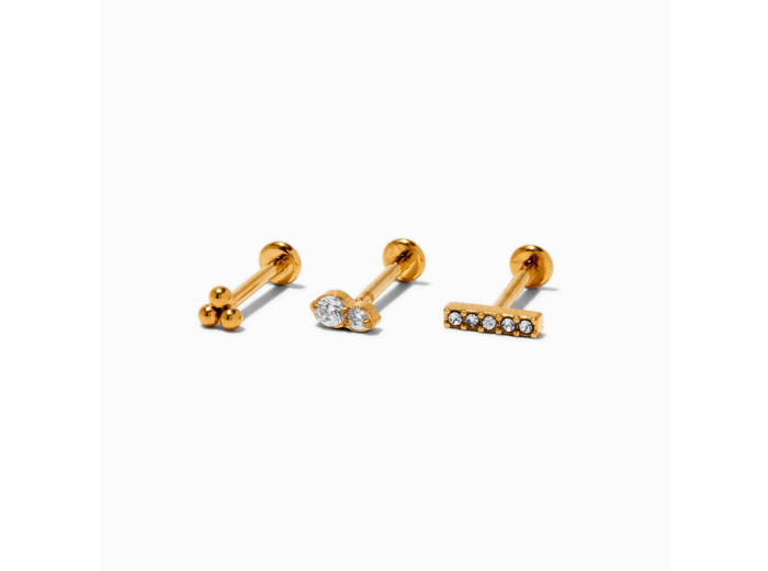 Boucles d'oreilles pour piercing de cartilage non filetées clou de 1,0 mm en zircon cubique et titane couleur dorée - Lot de 3