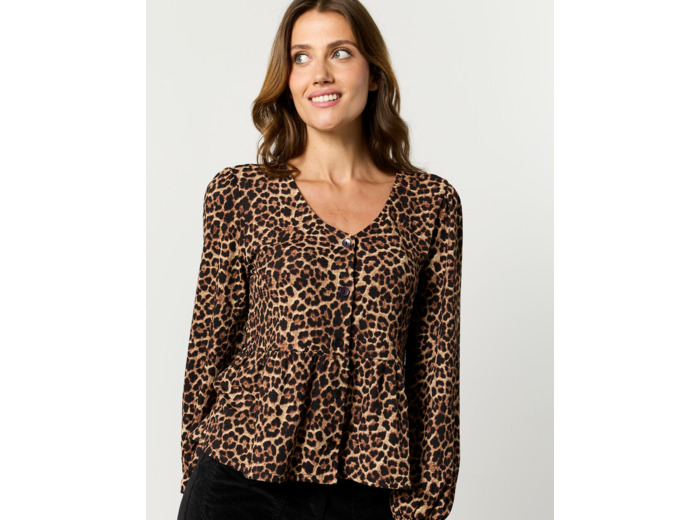 Top manches longues imprimé léopard MARRON Femme