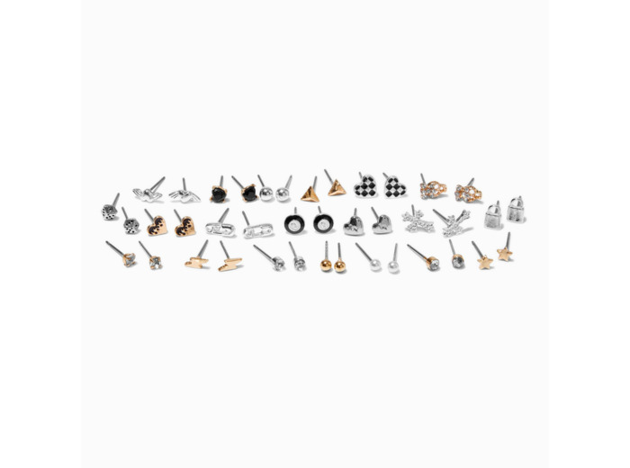Clous d'oreilles aux designs variés cœur, boule numéro 8, en métaux mixtes - Lot de 20