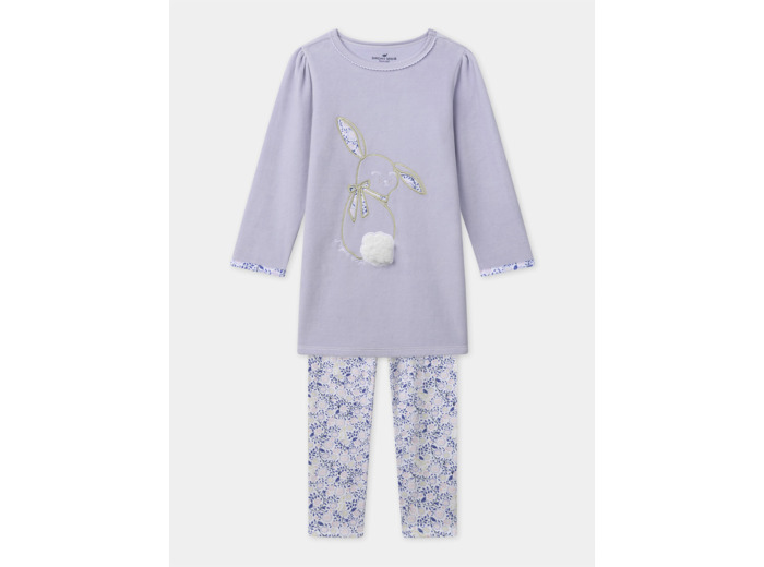 Chemise de nuit violet à broderie lapin et patch pompon et legging fleuri Fille