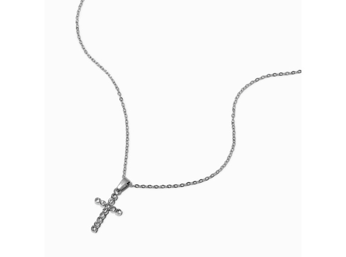 Collier à pendentif couleur argentée croix pavé en acier inoxydable