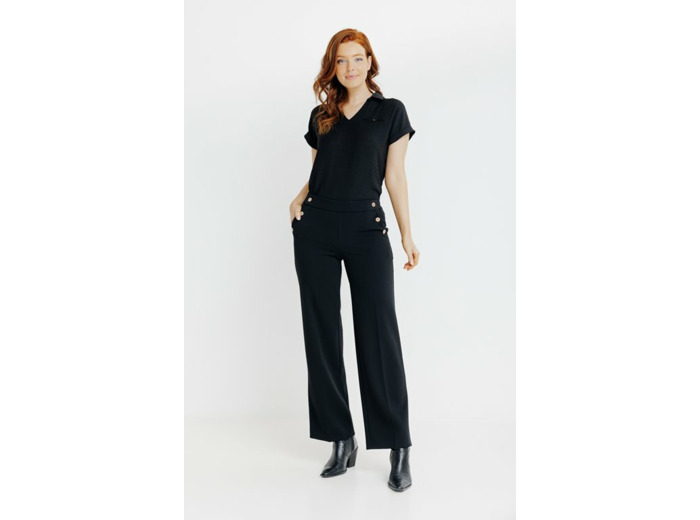 Pantalon Maille Large Détail Bouton Doré