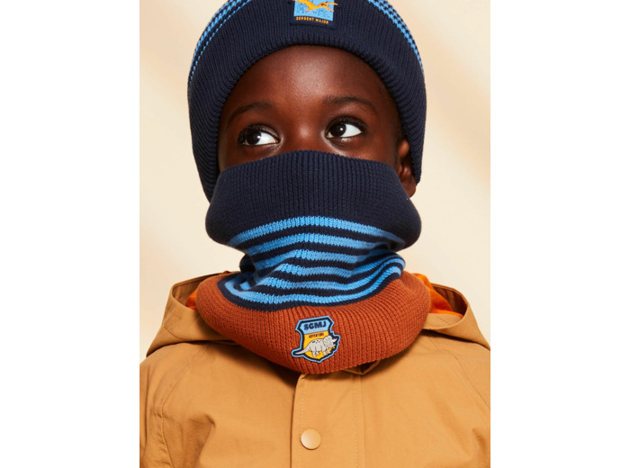 Snood biocolore en tricot avec dinosaure et rayures