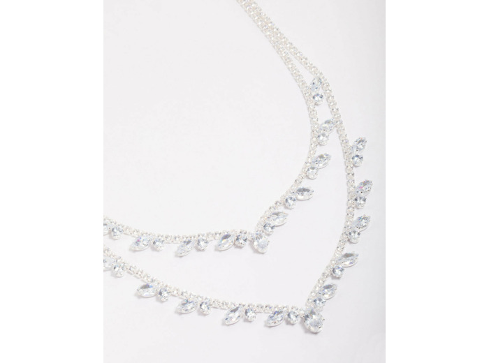 Silver Cubic Zirconia Double Layer Pear Stone Necklace