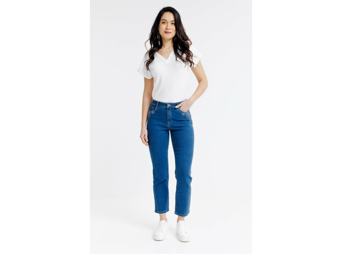 Pantacourt denim coupe droite, broderie