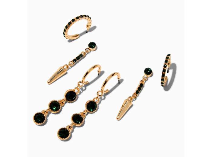 Boucles d'oreilles superposables couleur dorée avec strass couleur vert émeraude - Lot de 3