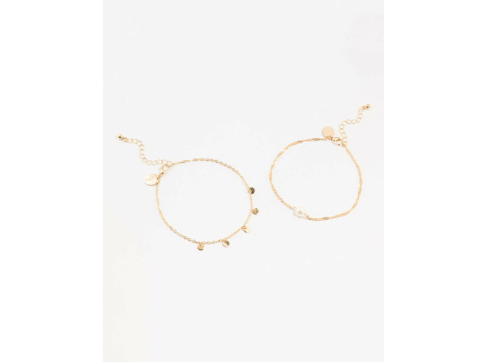 Gold Pearl Disc Pendant Anklets 2-Pack